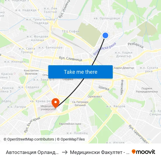 🚌 Автостанция Орландовци / Orlandovtsi Bus Station (0063) to Медицински Факултет - Предклиничен Университетски Център map