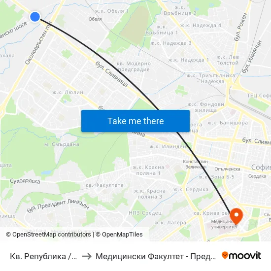 Кв. Република / Republika Qr. (2765) to Медицински Факултет - Предклиничен Университетски Център map