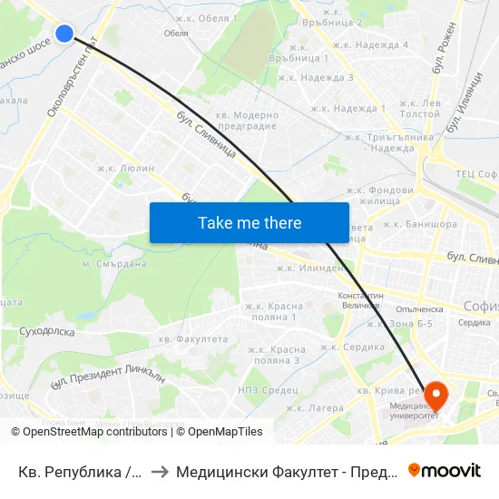 Кв. Република / Republika Qr. (0896) to Медицински Факултет - Предклиничен Университетски Център map