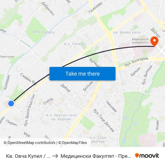 Кв. Овча Купел / Ovcha Kupel Qr. (0882) to Медицински Факултет - Предклиничен Университетски Център map
