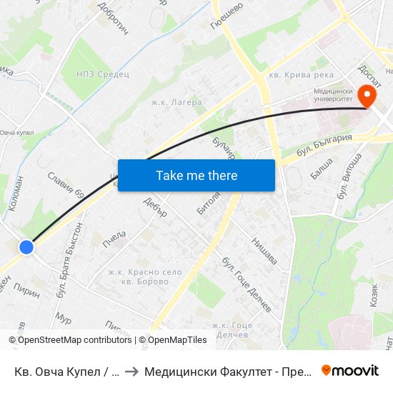Кв. Овча Купел / Ovcha Kupel Qr. (0881) to Медицински Факултет - Предклиничен Университетски Център map