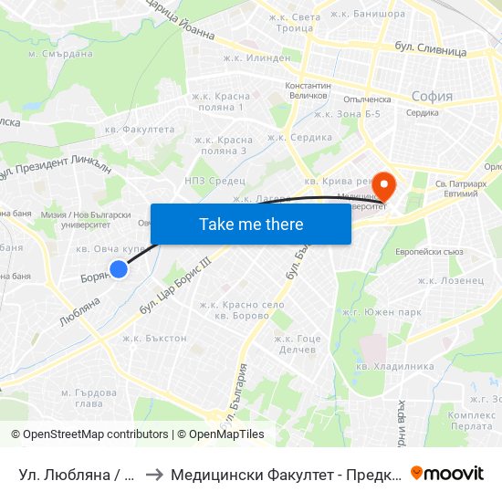 Ул. Любляна / Ljubljana St. (2606) to Медицински Факултет - Предклиничен Университетски Център map