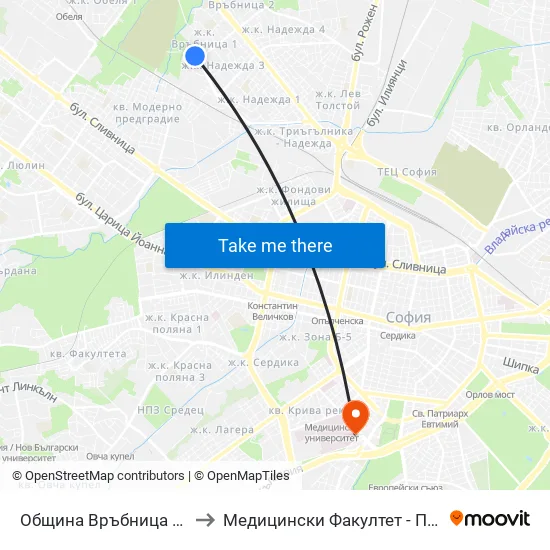 Община Връбница / Vrabnitsa Municipality (0675) to Медицински Факултет - Предклиничен Университетски Център map