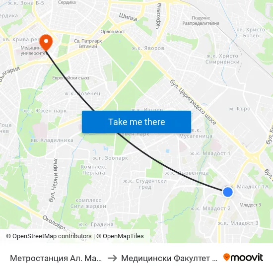 Ⓜ️ Метростанция Ал. Малинов / Al. Malinov Metro Station (0233) to Медицински Факултет - Предклиничен Университетски Център map