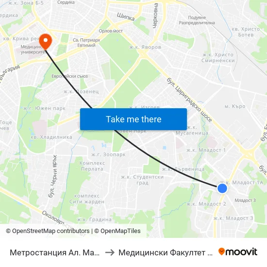 Ⓜ️ Метростанция Ал. Малинов / Al. Malinov Metro Station (0234) to Медицински Факултет - Предклиничен Университетски Център map