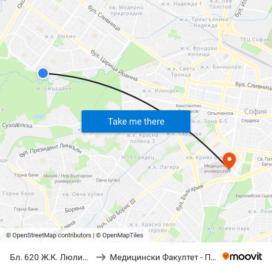 Бл. 620 Ж.К. Люлин 6 / Bl. 620, Lyulin 6 Qr. (0242) to Медицински Факултет - Предклиничен Университетски Център map