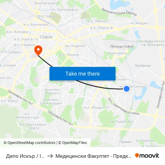 Депо Искър / Iskar Depot (0519) to Медицински Факултет - Предклиничен Университетски Център map