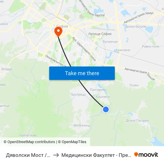 Дяволски Мост / Dyavolski Bridge (0557) to Медицински Факултет - Предклиничен Университетски Център map