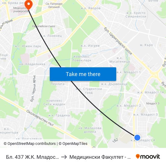 Бл. 437 Ж.К. Младост 4 / Bl. 437, Mladost 4 Qr. (0220) to Медицински Факултет - Предклиничен Университетски Център map