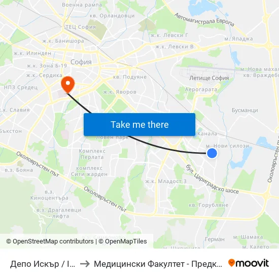 Депо Искър / Iskar Depot (0516) to Медицински Факултет - Предклиничен Университетски Център map