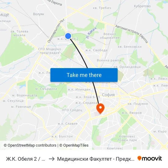 Ж.К. Обеля 2 / Obelya 2 Qr. (0680) to Медицински Факултет - Предклиничен Университетски Център map