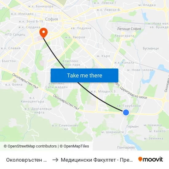 Околовръстен Път / Ring Road (1182) to Медицински Факултет - Предклиничен Университетски Център map