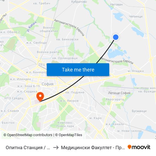 Опитна Станция / Experimental Station (1206) to Медицински Факултет - Предклиничен Университетски Център map