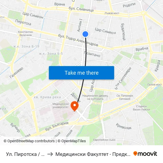 Ул. Пиротска / Pirotska St. (2112) to Медицински Факултет - Предклиничен Университетски Център map