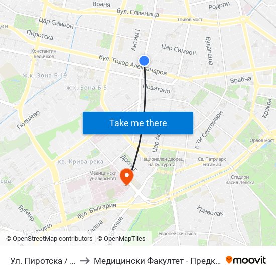 Ул. Пиротска / Pirotska St. (2113) to Медицински Факултет - Предклиничен Университетски Център map