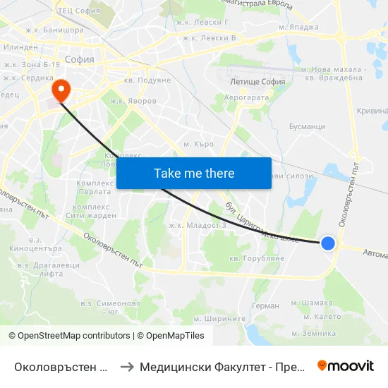 Околовръстен Път / Ring Road (1184) to Медицински Факултет - Предклиничен Университетски Център map