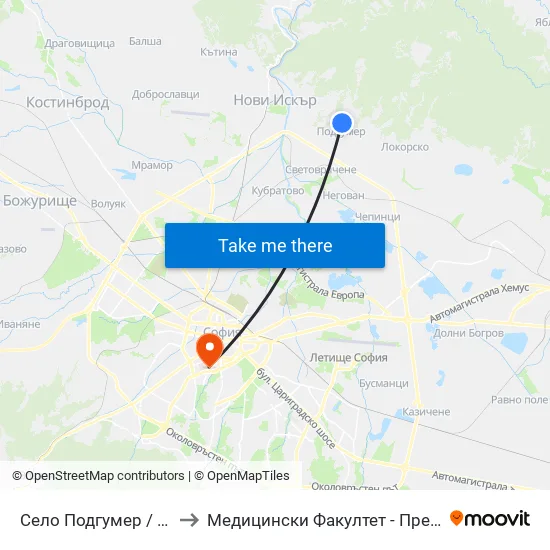Село Подгумер / Podgumer Village (2188) to Медицински Факултет - Предклиничен Университетски Център map