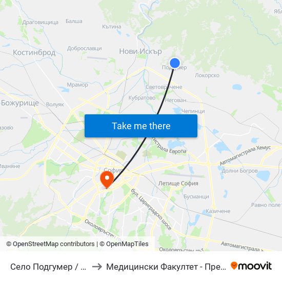 Село Подгумер / Podgumer Village (2183) to Медицински Факултет - Предклиничен Университетски Център map