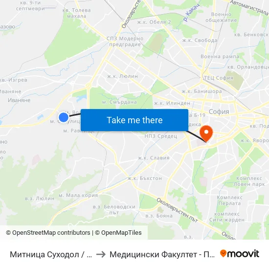 Митница Суходол / Suhodol Custom-House (1070) to Медицински Факултет - Предклиничен Университетски Център map