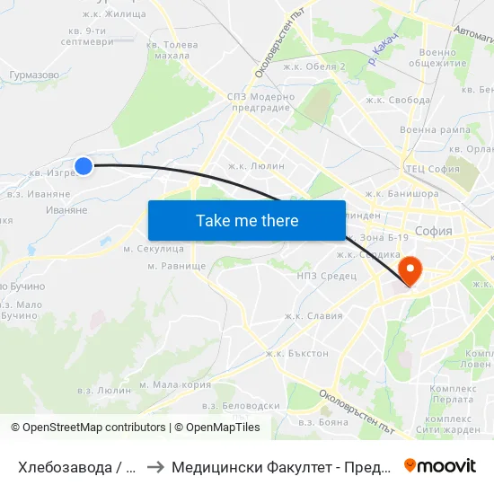 Хлебозавода / Hlebozavoda (2317) to Медицински Факултет - Предклиничен Университетски Център map