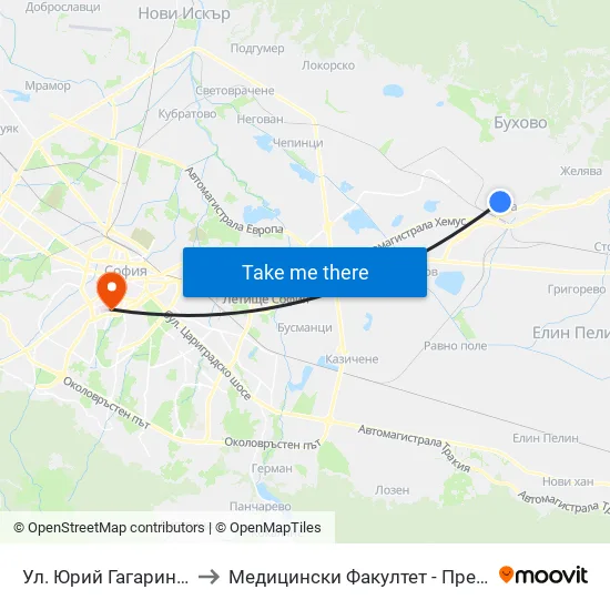 Ул. Юрий Гагарин / Yuri Gagarin St. (2263) to Медицински Факултет - Предклиничен Университетски Център map