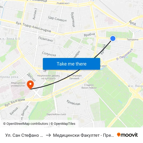 Ул. Сан Стефано / San Stefano St. (2169) to Медицински Факултет - Предклиничен Университетски Център map