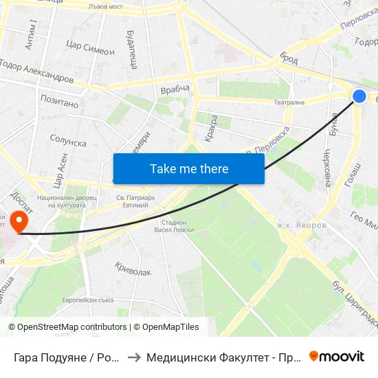 Гара Подуяне / Poduyane Train Station (0472) to Медицински Факултет - Предклиничен Университетски Център map