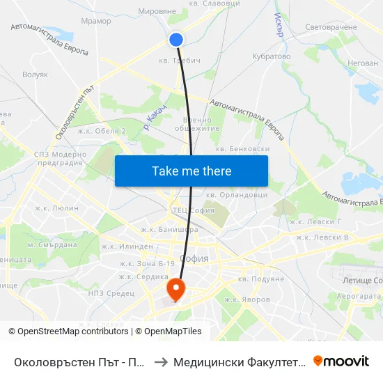 👋 Околовръстен Път / Ring Road (1186) to Медицински Факултет - Предклиничен Университетски Център map