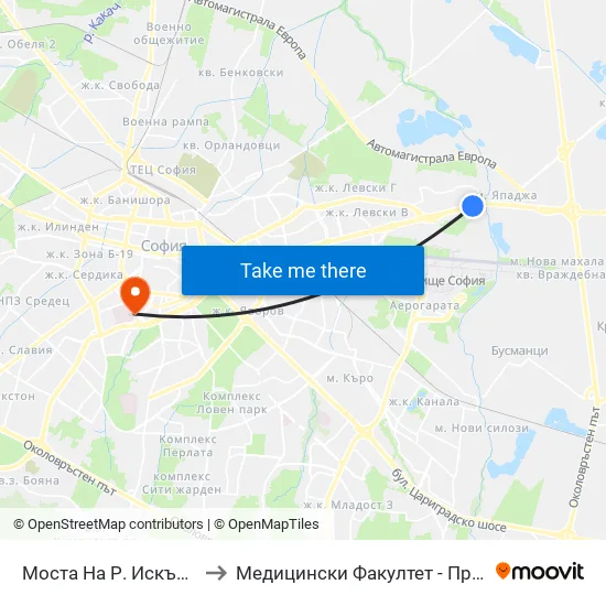 Моста На Р. Искър / Iskar River Bridge (1098) to Медицински Факултет - Предклиничен Университетски Център map