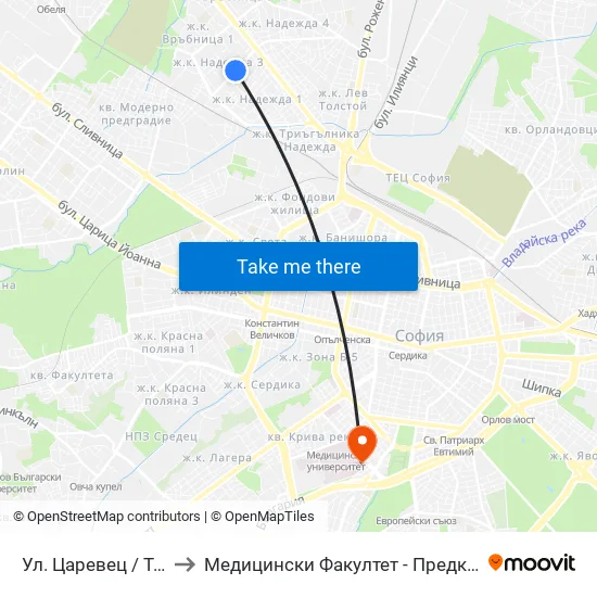 Ул. Царевец / Tsarevets St. (6217) to Медицински Факултет - Предклиничен Университетски Център map
