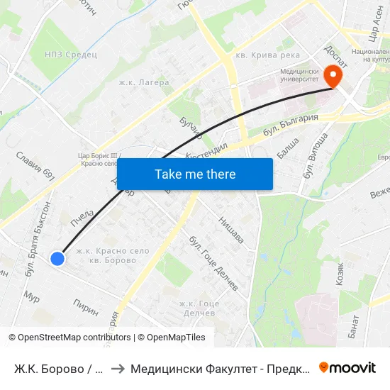 Ж.К. Борово / Borovo Sq. (0580) to Медицински Факултет - Предклиничен Университетски Център map