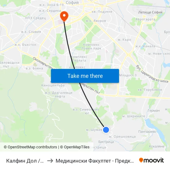 Калфин Дол / Kalfin Dol (2268) to Медицински Факултет - Предклиничен Университетски Център map