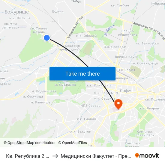 Кв. Република 2 / Republika 2 Qr (2527) to Медицински Факултет - Предклиничен Университетски Център map