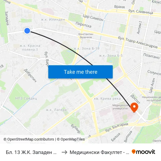 Бл. 13 Ж.К. Западен Парк / Bl. 13, Zapaden Park Qr. (2196) to Медицински Факултет - Предклиничен Университетски Център map