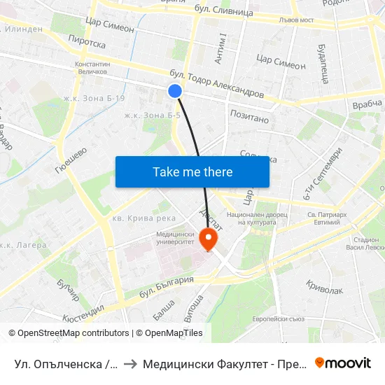 Ул. Опълченска / Opalchenska St. (2084) to Медицински Факултет - Предклиничен Университетски Център map