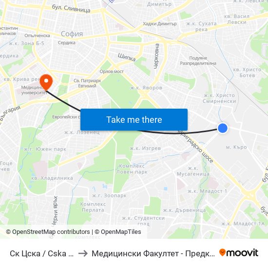 Ск Цска / Cska Sports Club (1151) to Медицински Факултет - Предклиничен Университетски Център map