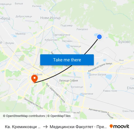 Кв. Кремиковци / Kremikovtsi Qr. (0854) to Медицински Факултет - Предклиничен Университетски Център map