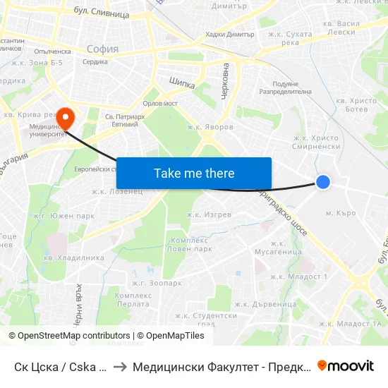 Ск Цска / Cska Sports Club (1154) to Медицински Факултет - Предклиничен Университетски Център map