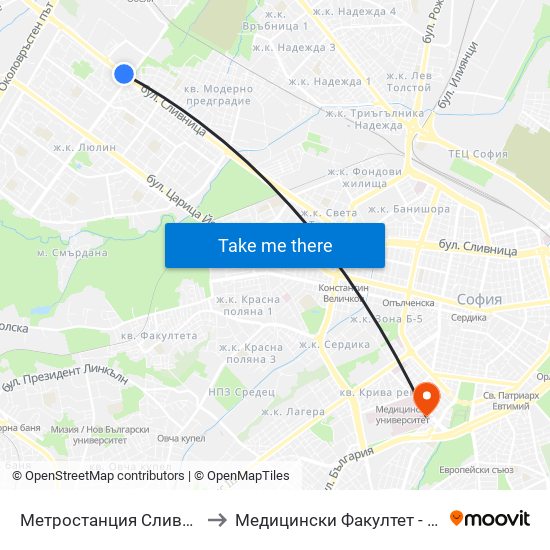 Метростанция Сливница / Slivnitsa Metro Station (1059) to Медицински Факултет - Предклиничен Университетски Център map