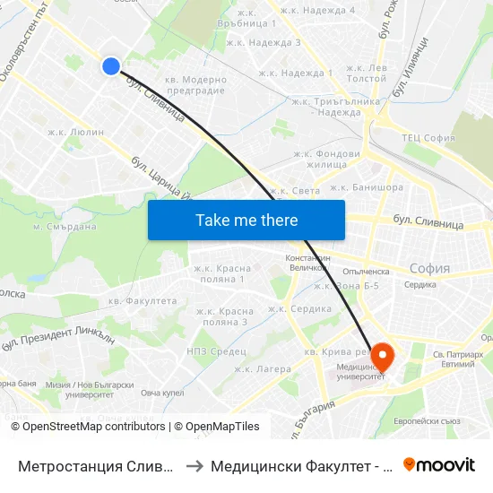 Ⓜ️ Метростанция Сливница / Slivnitsa Metro Station (1059) to Медицински Факултет - Предклиничен Университетски Център map