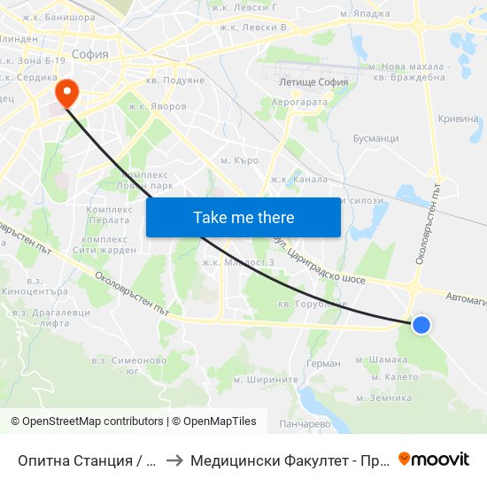 Опитна Станция / Experimental Station (1207) to Медицински Факултет - Предклиничен Университетски Център map