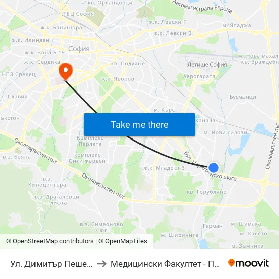 Ул. Димитър Пешев / Dimitar Peshev St. (1930) to Медицински Факултет - Предклиничен Университетски Център map