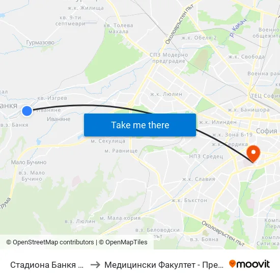 Стадиона Банкя / Bankya Stadium (1620) to Медицински Факултет - Предклиничен Университетски Център map