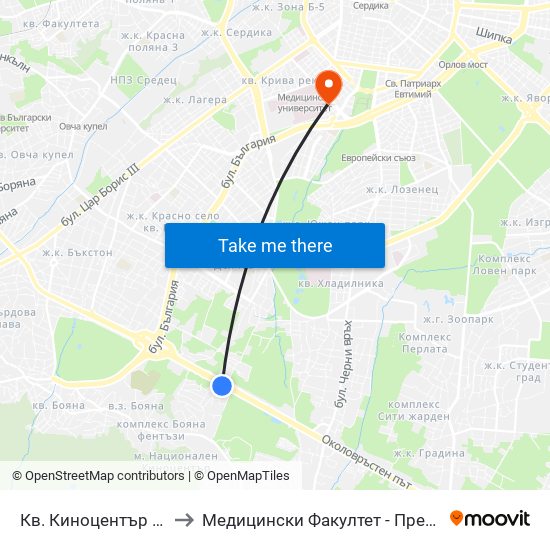 Кв. Киноцентър / Kinotsentar Qr. (1967) to Медицински Факултет - Предклиничен Университетски Център map