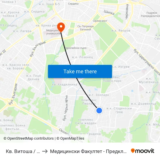 Кв. Витоша / Vitosha (0822) to Медицински Факултет - Предклиничен Университетски Център map
