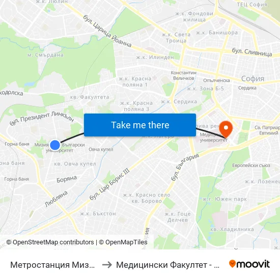 Ⓜ️ Метростанция Мизия / Moesia Metro Station (0812) to Медицински Факултет - Предклиничен Университетски Център map