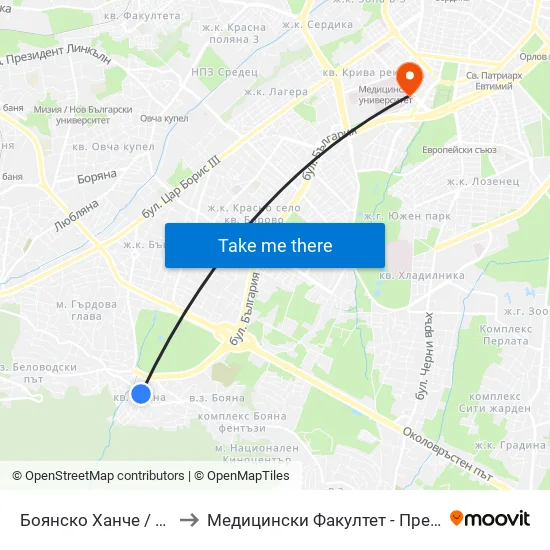 Боянско Ханче / Boyansko Hanche (0267) to Медицински Факултет - Предклиничен Университетски Център map