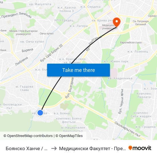 Боянско Ханче / Boyansko Hanche (0266) to Медицински Факултет - Предклиничен Университетски Център map