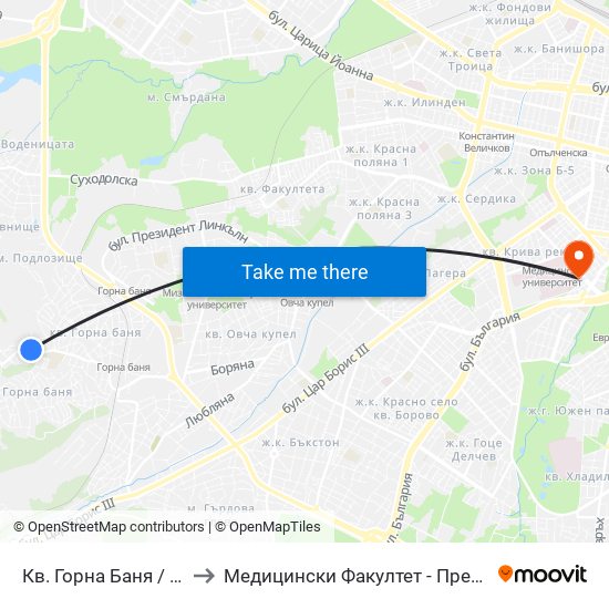 Кв. Горна Баня / Gorna Banya Qr. (2709) to Медицински Факултет - Предклиничен Университетски Център map