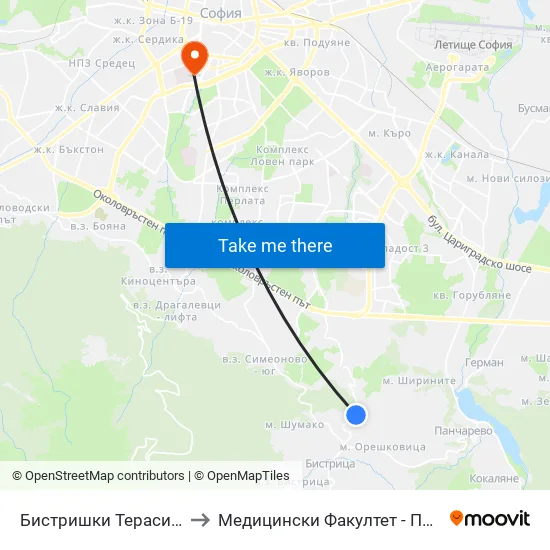 Бистришки Тераси / Terrace Of Bistritsa (2547) to Медицински Факултет - Предклиничен Университетски Център map